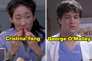 On the left, Cristina from Grey's Anatomy shoving hot dogs into her mouth, and on the right, George from Grey's Anatomy looking down sadly