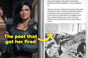 Gina Carano in the mandalorian with a picture of The post that got her fired comparing being a republican to being a jew in nazi germany