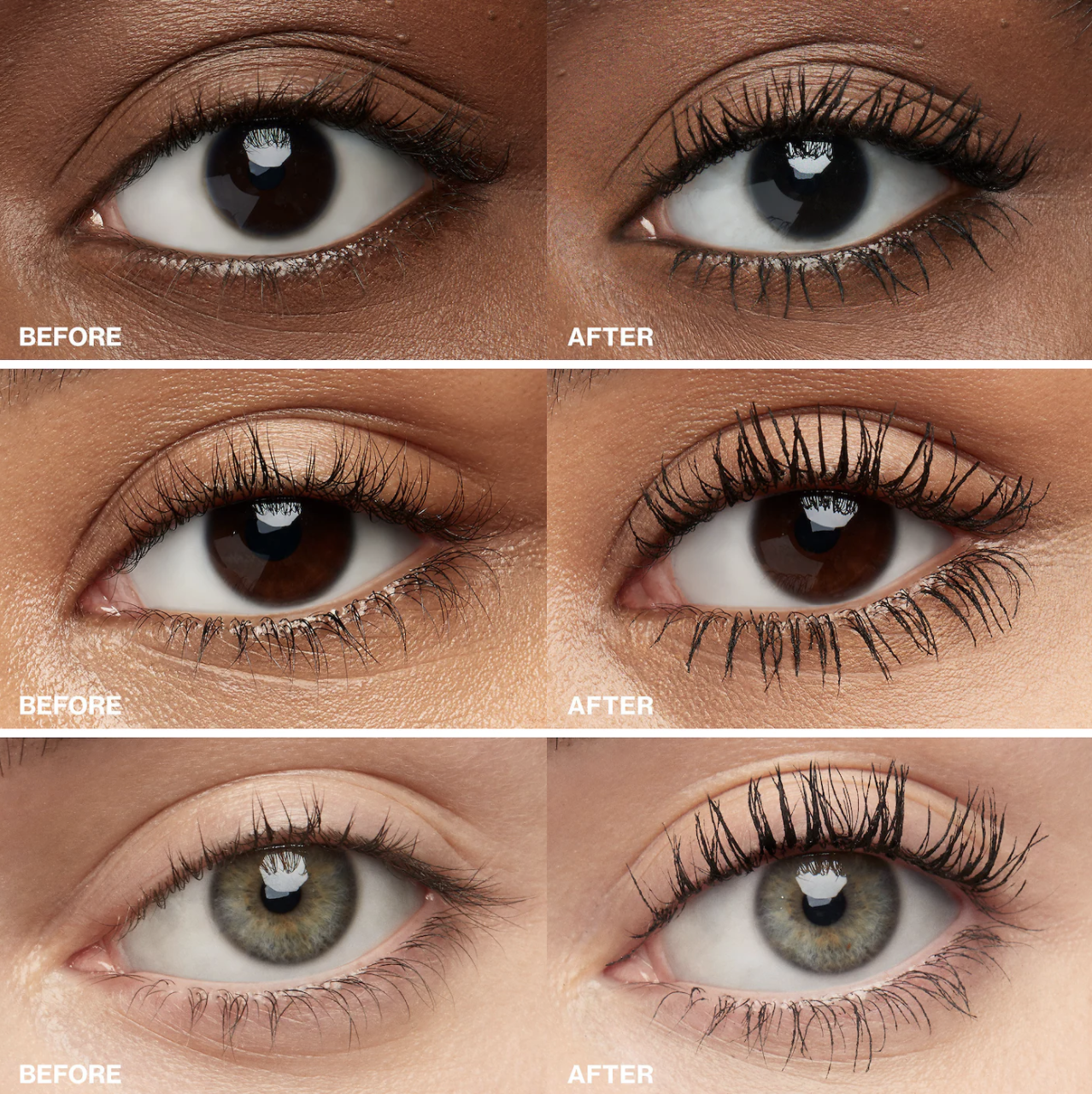 a set of three before and afters where the afters show lashes that are lengthened and defined