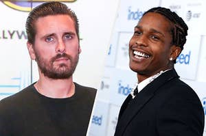 A close up of Scott Disick as he frowns and A$AP Rocky as he smiles