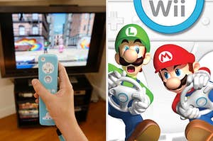 A kid is on the left playing Wii with Mario Kart on the right