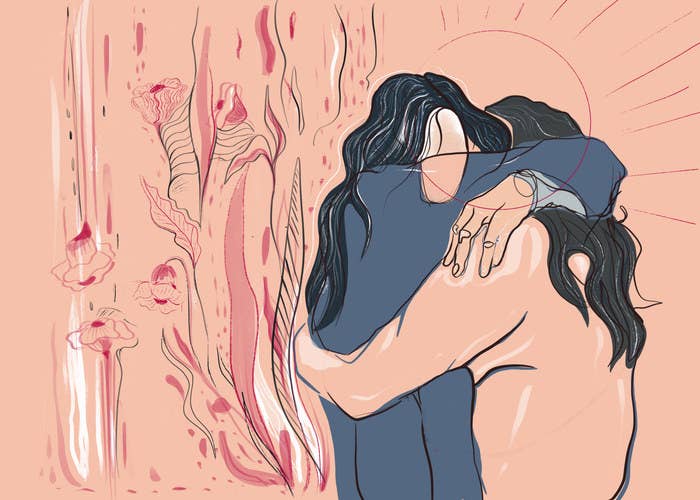 An abstract illustration of two people hugging tightly