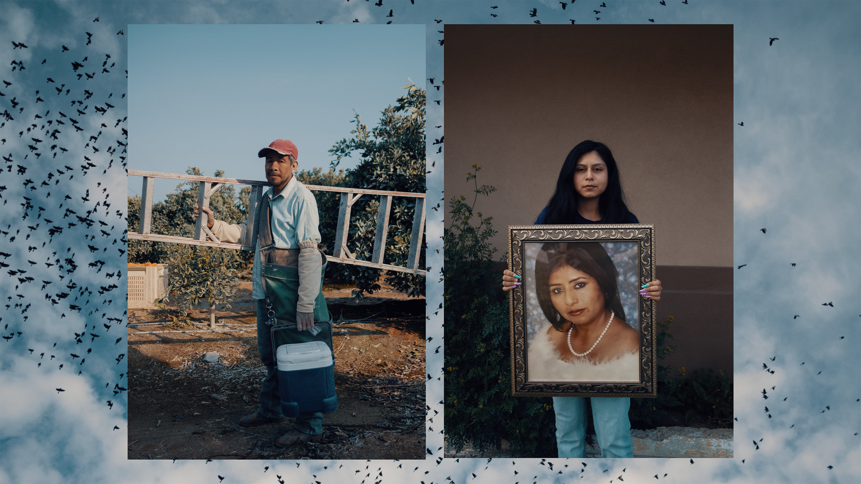 two photographs of people next to each other, one holding a ladder and a cooler and one holding a portrait  