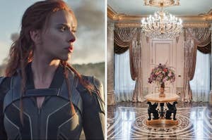 On the left, Scarlett Johansson as Black Widow, and on the right, the entrance to a home with marble floors and a chandelier