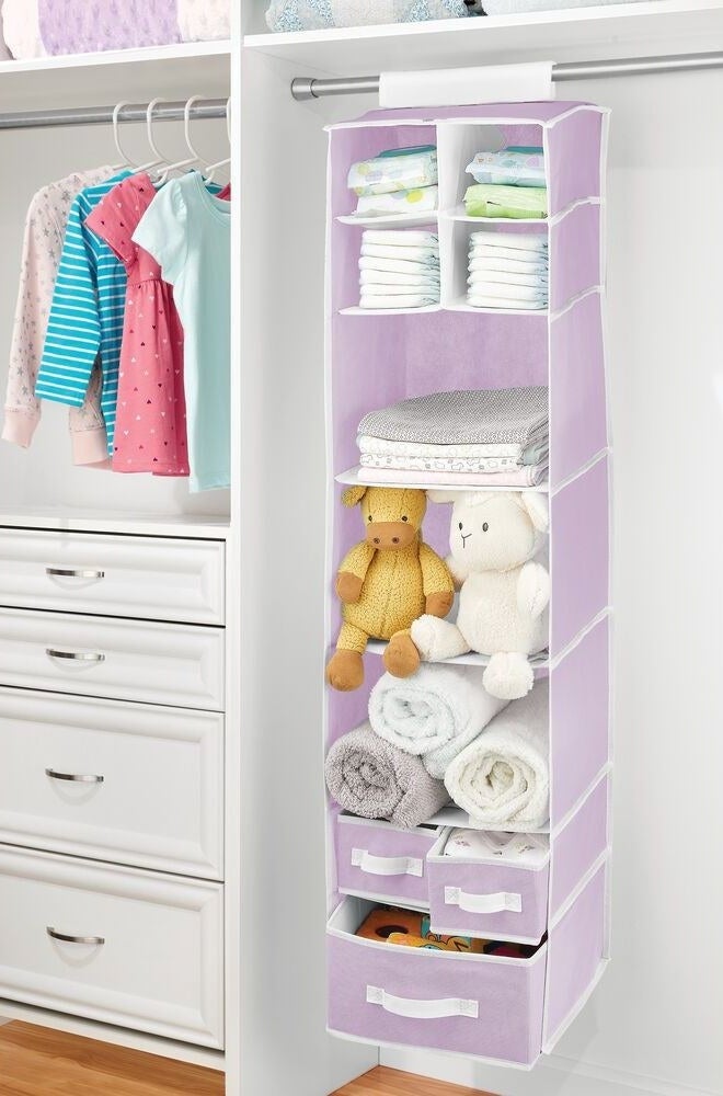 the purple hanging organizer in a closet