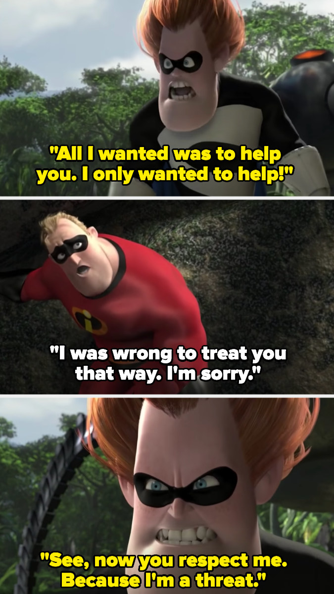 Syndrome says he only wanted to help mr. incredible, and bob apologizes — syndrome says he only respects him now because he&#x27;s a threat