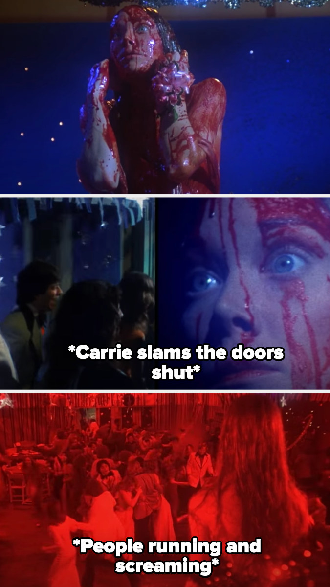 pig blood has just poured on Carrie&#x27;s head, and she telepathically slams the doors shut as everyone runs and screams