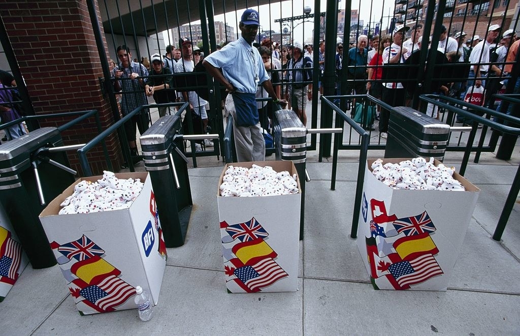 Beanie Babies are shown as fans wait outside the gates to enter the stadium