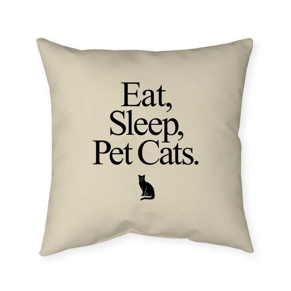 Cream pillow with image of a cat and writing that says &quot;eat, sleep, pet cats&quot;