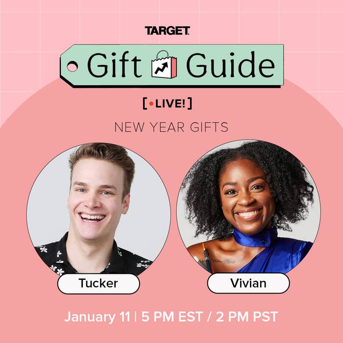 Promo image that says, &quot;Target Gift Guide LIVE!: New Year Gifts&quot; with images of the hosts Tucker and Vivian