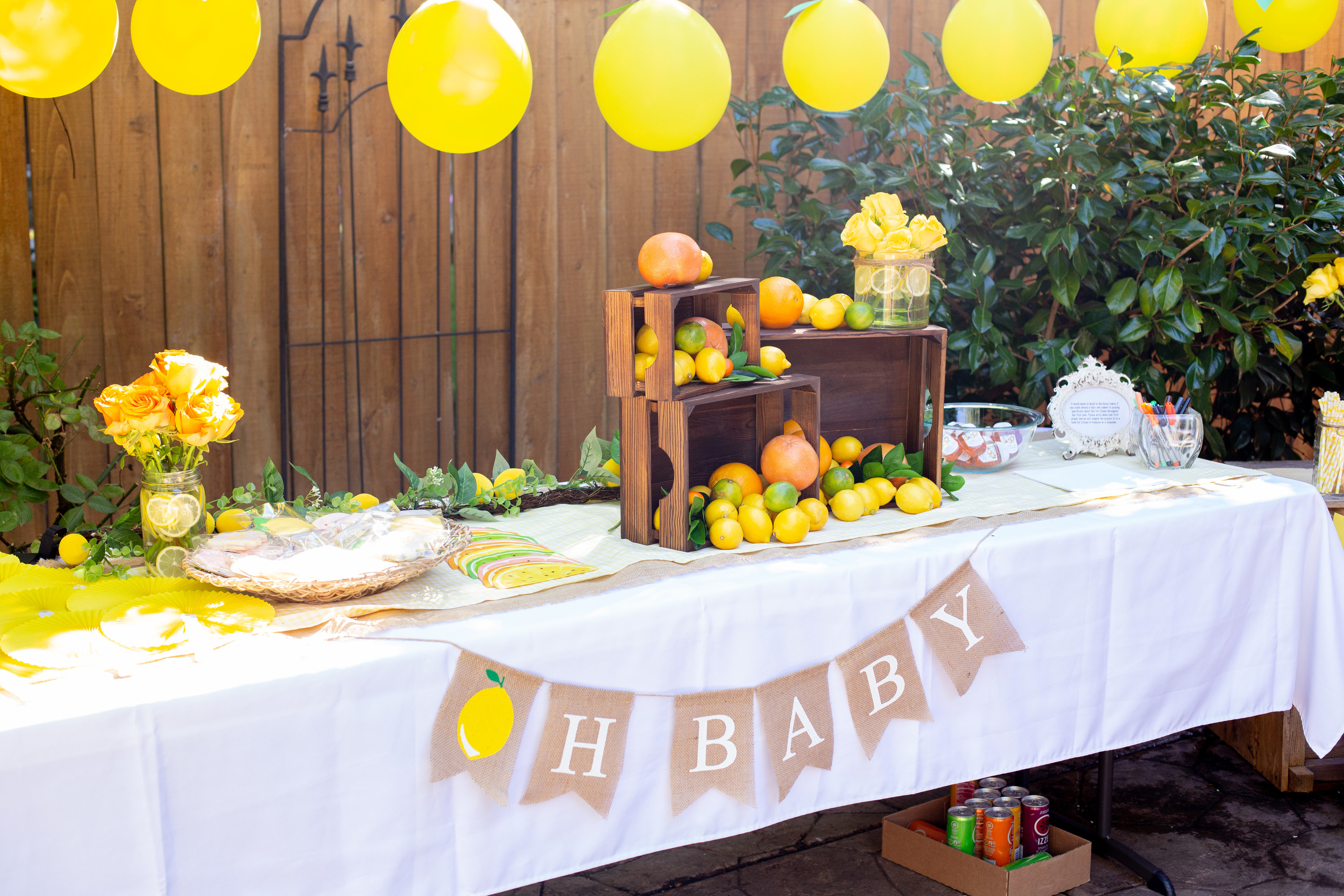 Party decorations at a citrus themed baby shower