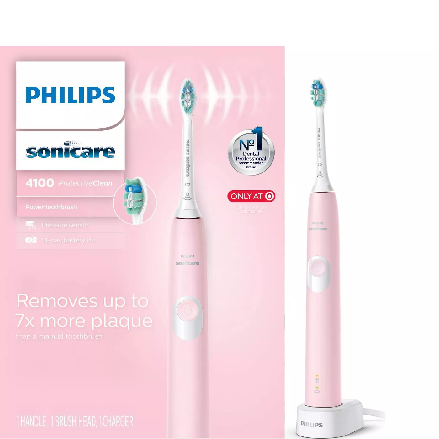 A pink electric toothpaste next to its box