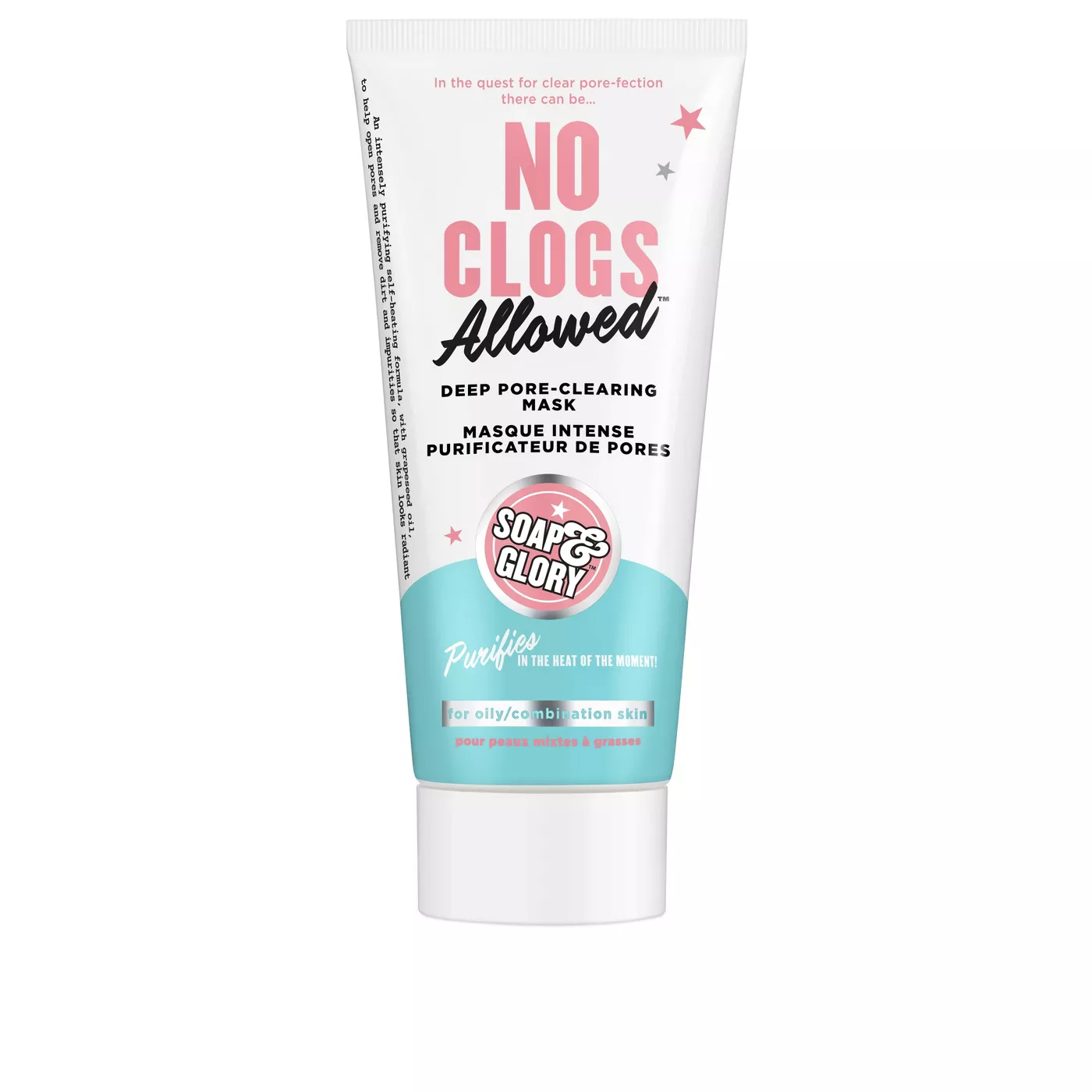 A tube that reads, &quot;No clogs allowed. Deep pore-clearing mask.&quot;