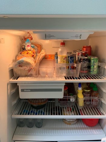 a reviewer photo of an open fridge organized with the clean bins