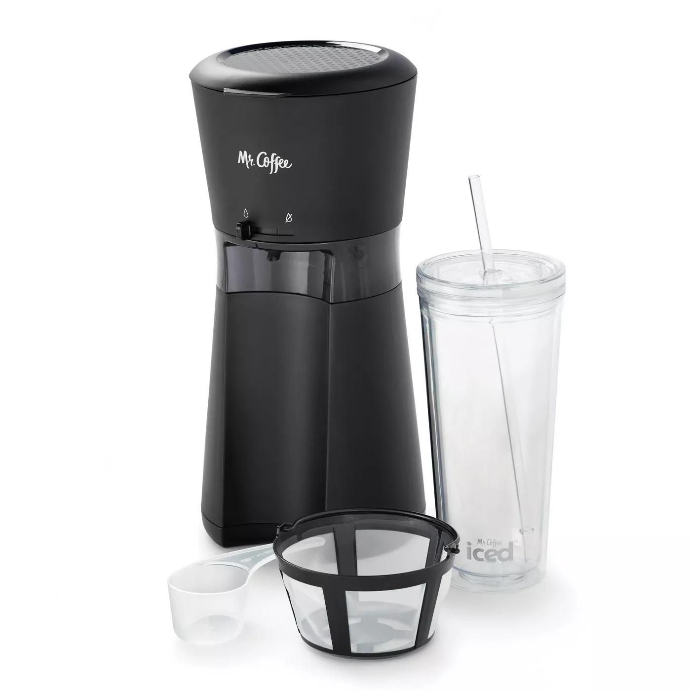 A coffee maker with filter and clear tumbler