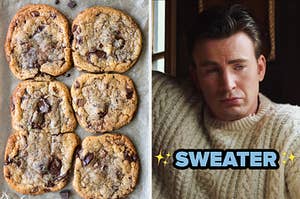 On the left, some chocolate chip cookies on a tray, and on the right. Chris Evans as Ransom in Knives Out labeled sweater
