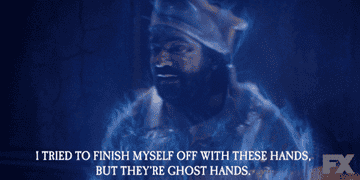 Laszlo's ghost looks frustrated at his hands