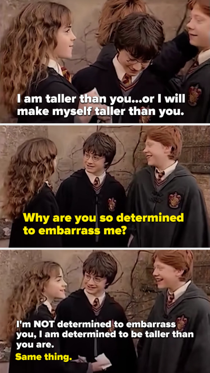 Emma teasing Dan about being taller than him and Rupert laughing