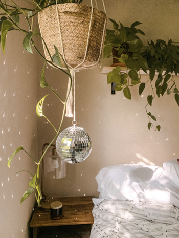 reviewer's bedroom with the disco ball hanging from a plant. the light is bouncing around the room.