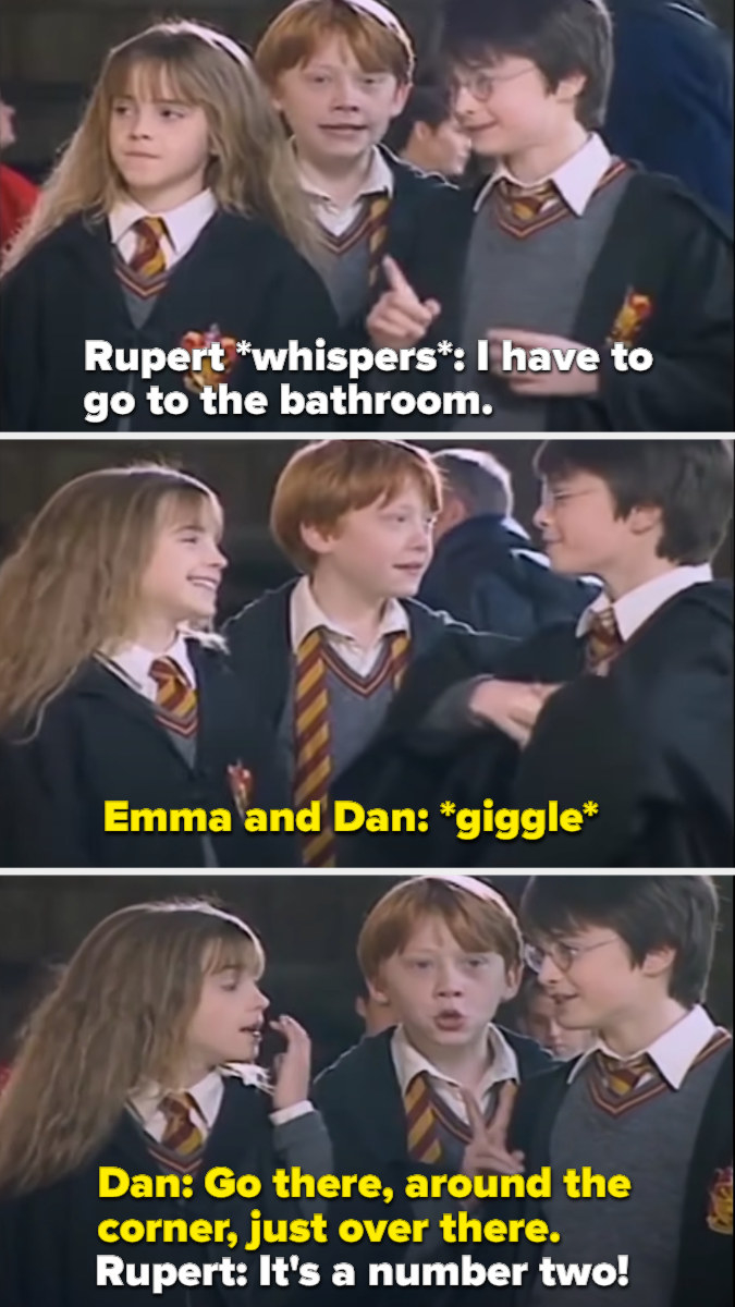 Emma Dan and Rupert laughing about Rupert saying he needs to use the bathroom