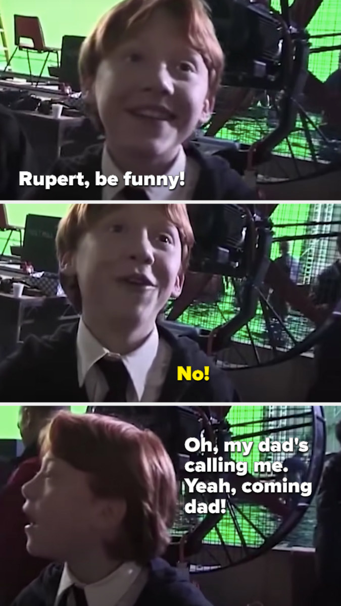 Rupert being told to &quot;be funny&quot; for the camera and he pretends to hear his dad and walk off