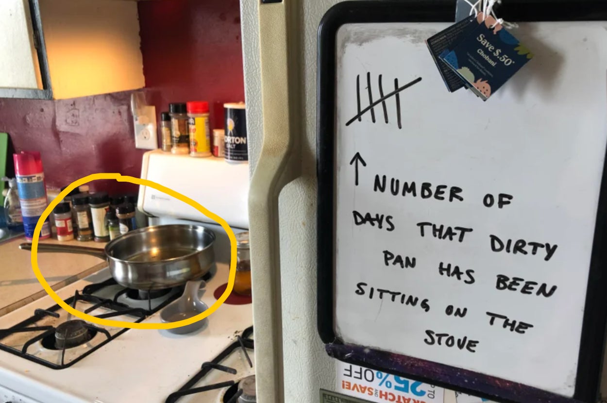 a dirty pan on the stove and a sign that says five days since that pan has been sitting there
