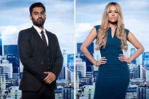 Two photos of contestants starring in The Apprentice UK season 16 on front of blue ubran backdrops