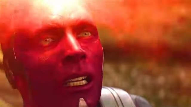A close-up Vision as his forehead is hit with Wanda&#x27;s magic in &quot;Avengers: Infinity War&quot;