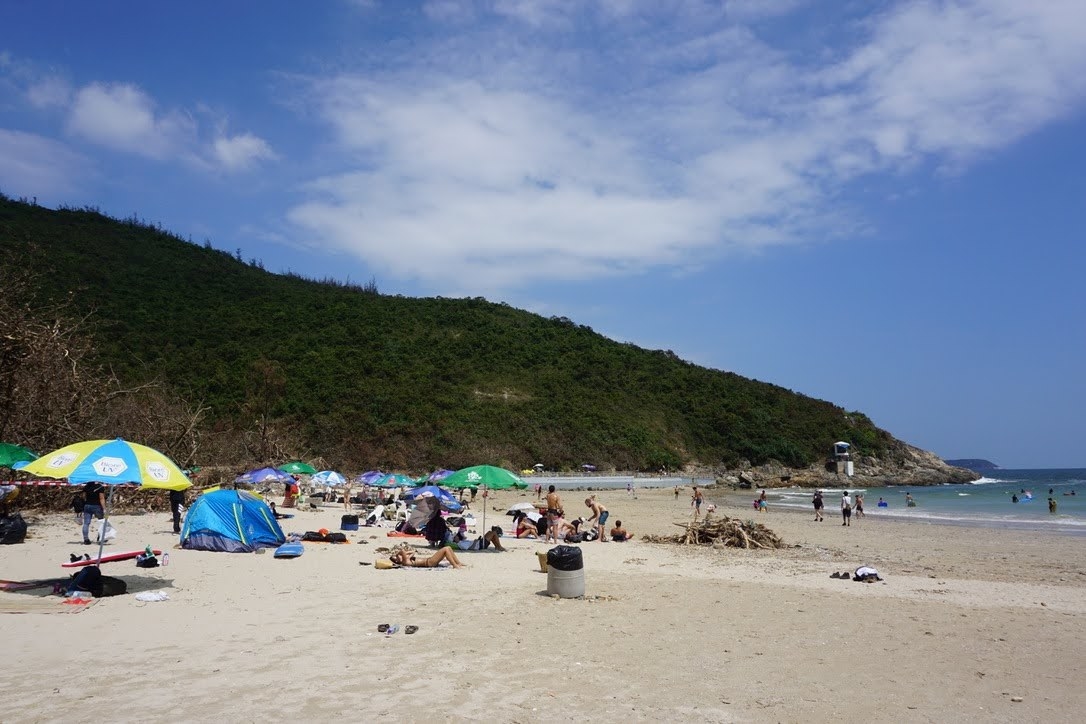 Beach with umbrellas and sunbathers