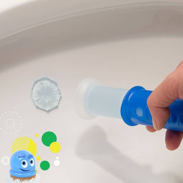 the toilet gel and stamper, with a small icon of the Scrubbing Bubbles mascot in the corner