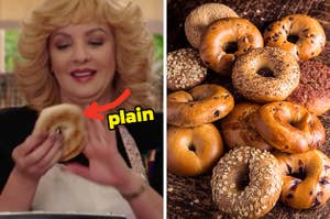 On the left, Beverly from The Goldbergs holding a bagel with an arrow pointing to it and plain typed next to it, and on the right, various bagels on the table