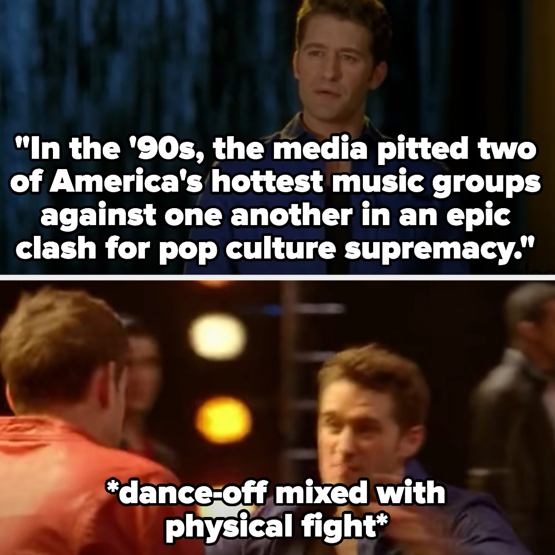 Will says &quot;in the &#x27;90s, the media pitted two of America&#x27;s hottest music groups against one another in an epic clash for pop culture supremacy&quot; then has a dance-off mixed with a physical fight with Finn