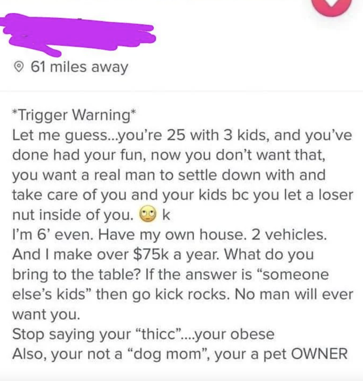 Dating profile that reads: &quot;Stop saying your &#x27;thicc&#x27;...your obese&quot;