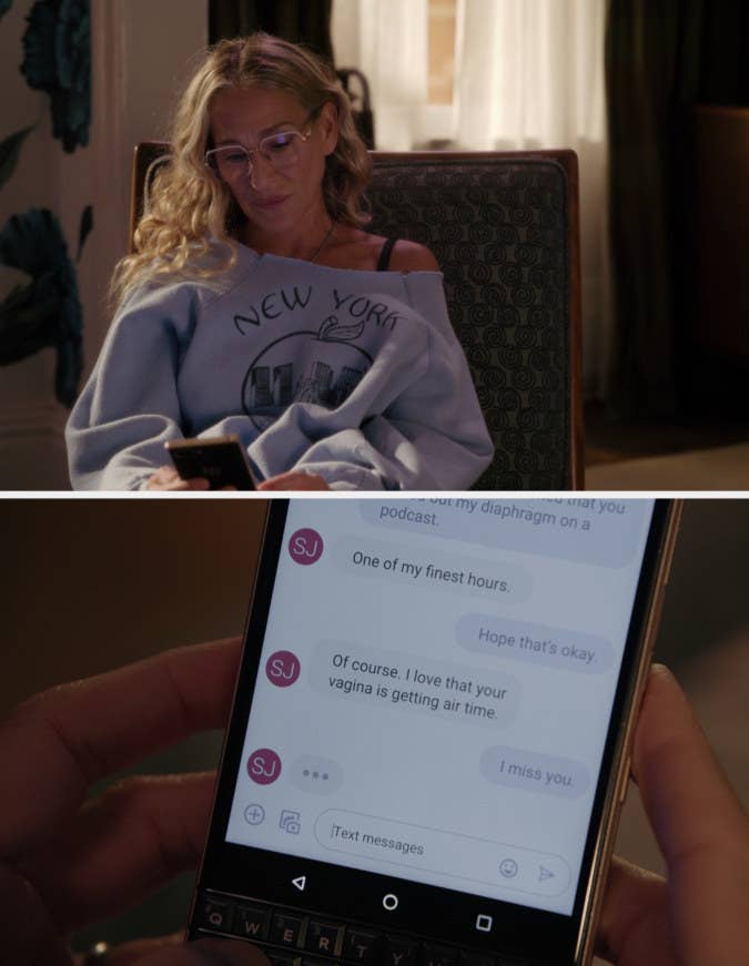Carrie texting Samantha, &quot;I miss you&quot;