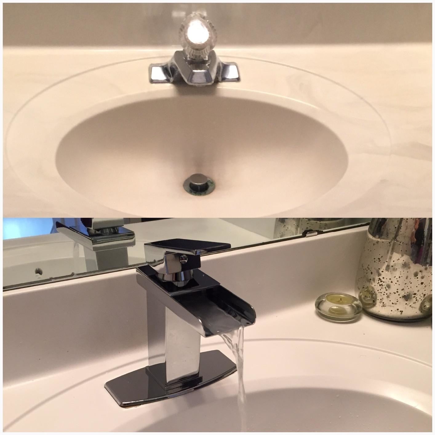 reviewer image of the faucet in their bathroom sink