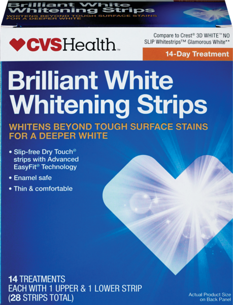 A box of CVS Health Brilliant White Whitening Strips