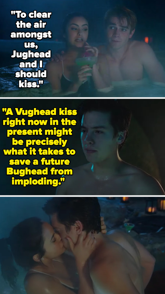 Veronica says that to clear the air, her and Jughead should kiss, and Jughead agrees it will help &quot;save a future bughead from imploding&quot; then they kiss