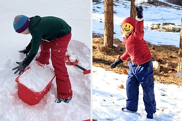 left: reviewer photo of kid wearing red kids snow pants, filling bucket with snow. right: reviewer photo of child wearing red snow jacket and blue snow pants.
