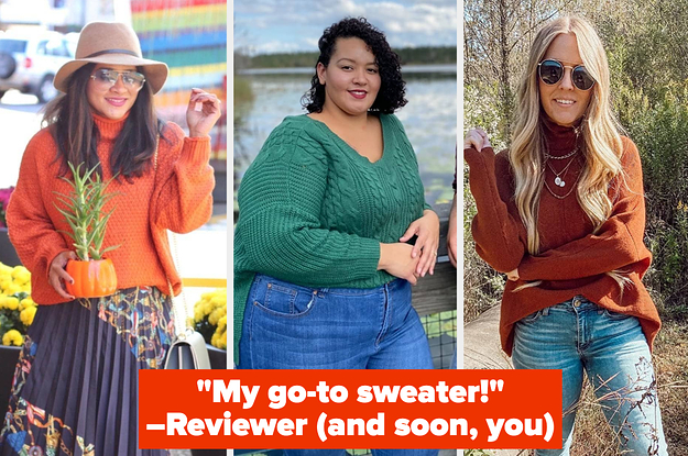 three reviewers wearing different sweaters in orange, green, and rust, with text: my go-to sweater! –reviewer (and soon, you)