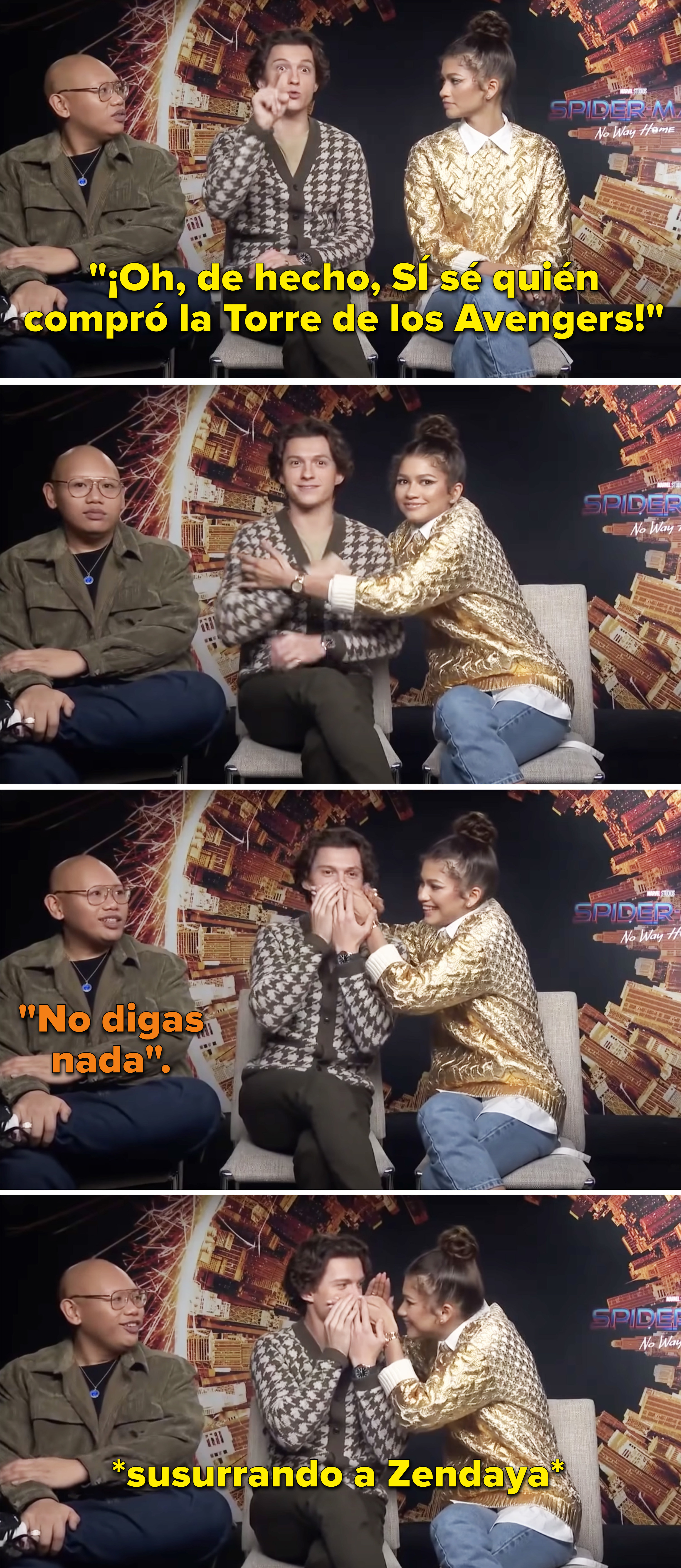 Zendaya covering Tom&#x27;s mouth as he whispers to her