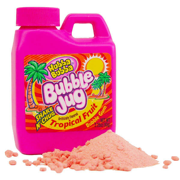 Promotional image of Bubble Jug gum in a large, pink plastic container
