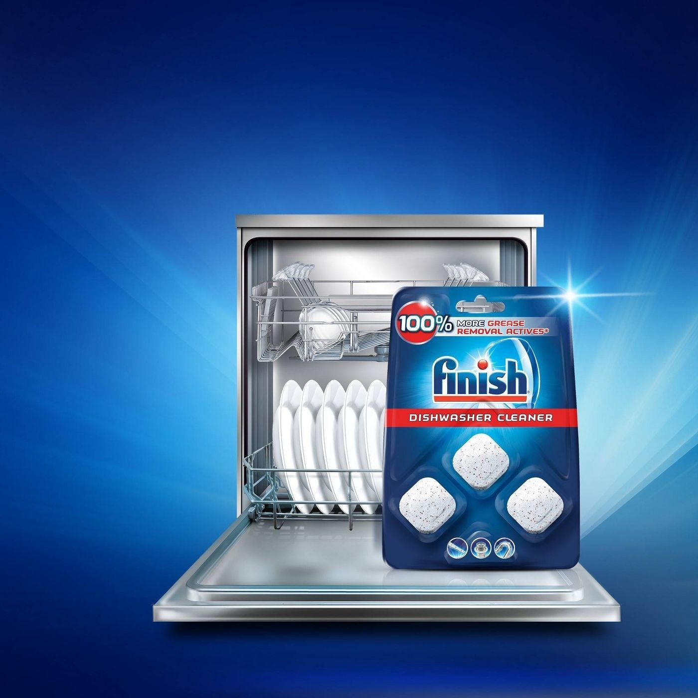the white tablets in blue packaging in front of a silver dishwasher