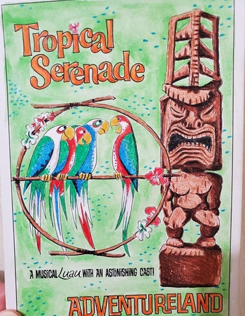 a reviewer's colored in tiki room post card