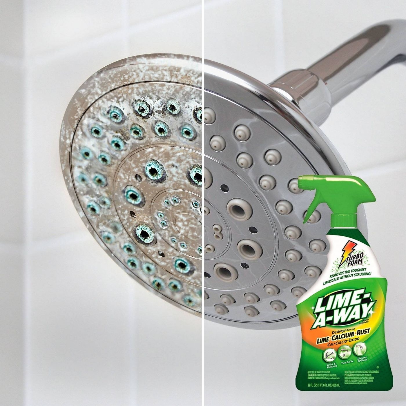 a before and after of a calcium stained showerhead, with the lime-a-way bottle inset in the bottom corner