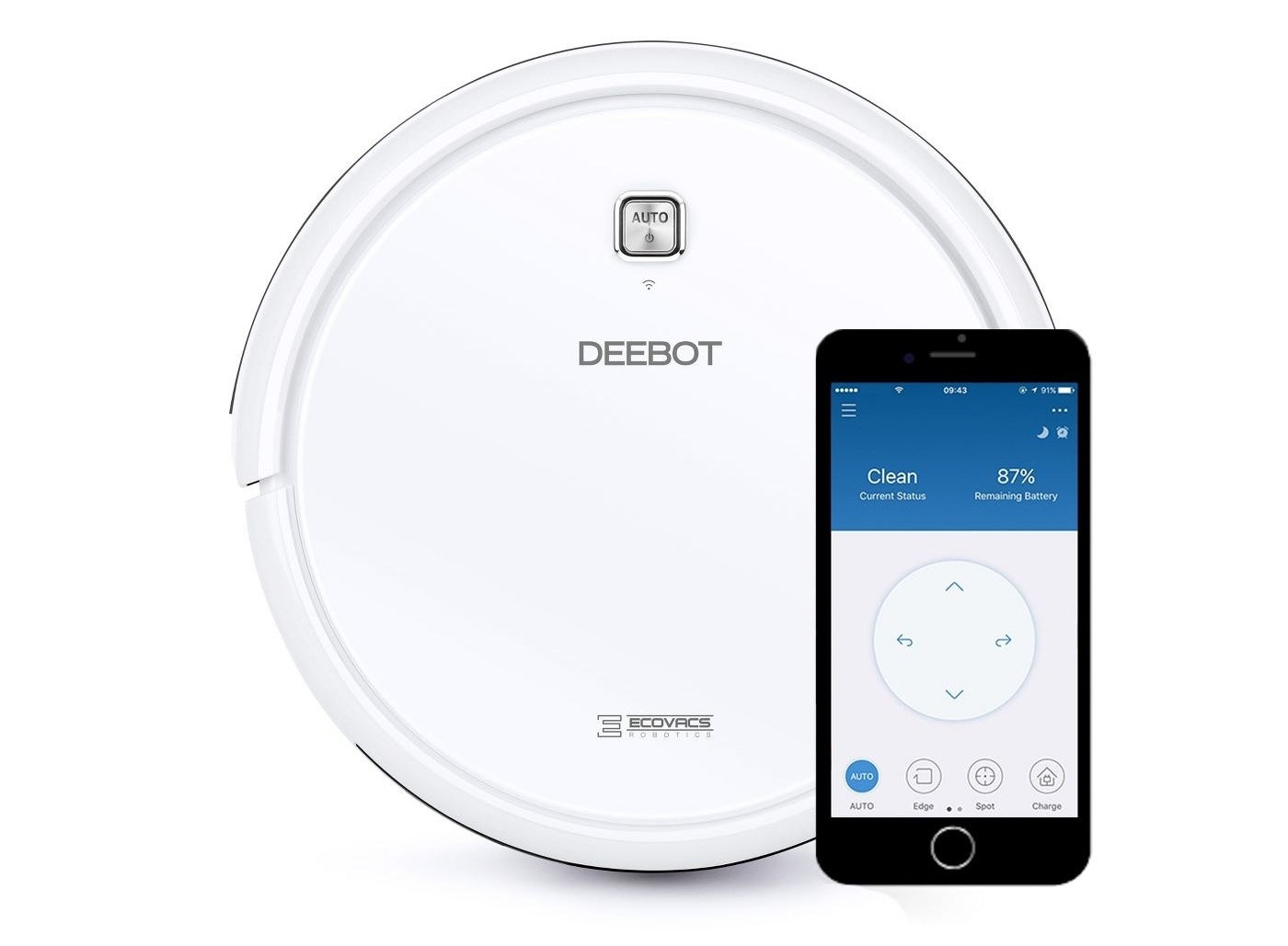 the white robot vacuum and a phone with the vacuum app