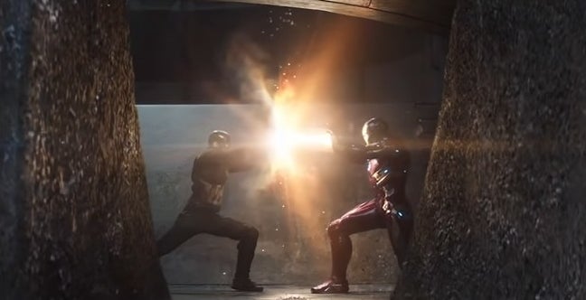 Iron Man blasting Captain America&#x27;s shield in &quot;Captain America: Civil War&quot;