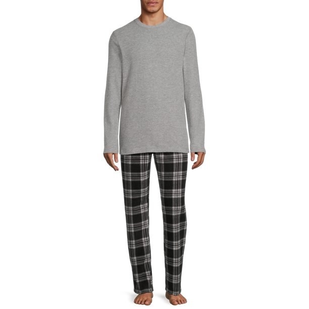 Hanes Men&#x27;s and Big Men&#x27;s Long Sleeve Waffle Sleep Top with Cozy Fleece Pajama Pants