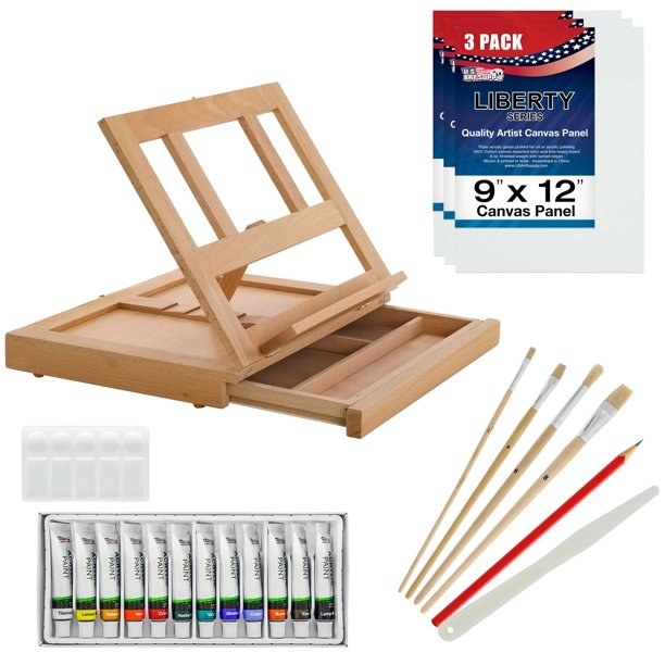 US Art Supply Complete Artist Acrylic Painting Set with Wood Desk Table Easel