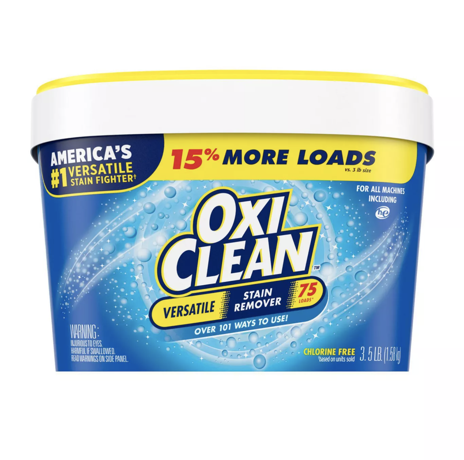 The blue, yellow and red bucket says &quot;OXICLEAN&quot; and has bubbles on the design