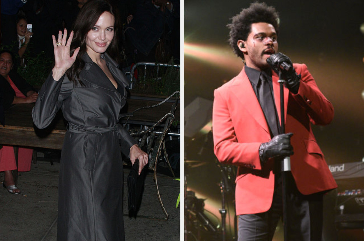 Angelina waving on the left and Abel performing onstage on the right